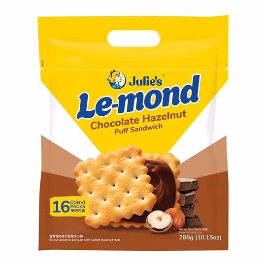 JULIE’S LE-MOND CHOCOLATE HAZELNUT PUFF SNDWICH BISCUITS HANDYPACK 288G